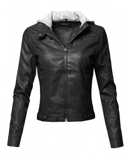 Women's Casual Detached Hood Zipper Closure Stitch Detail Moto Jacket