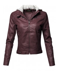 Women's Casual Detached Hood Zipper Closure Stitch Detail Moto Jacket