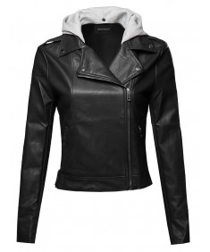 Women's Casual Detached Hood Zipper Closure Notched Collar Leather Jacket