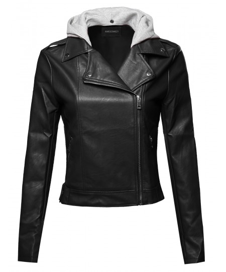 Women's Casual Detached Hood Zipper Closure Notched Collar Leather Jacket