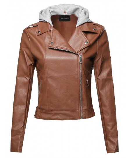 Women's Casual Detached Hood Zipper Closure Notched Collar Leather Jacket