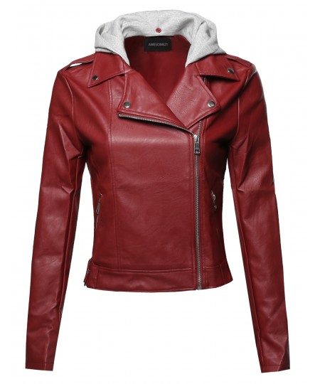 Women's Casual Detached Hood Zipper Closure Notched Collar Leather Jacket