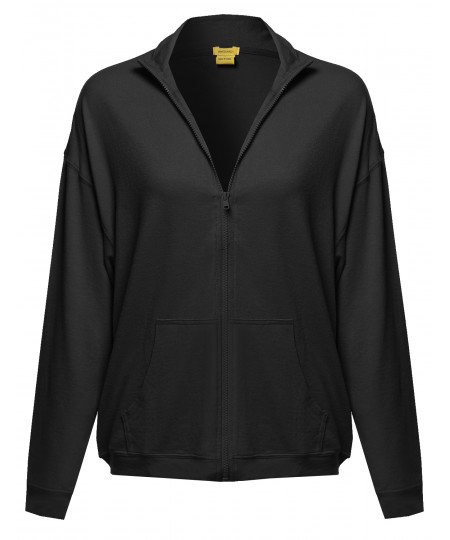 Women's Solid Zip-Up Drop Shoulder High Neck Sweatshirt Jacket