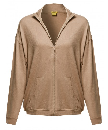 Women's Solid Zip-Up Drop Shoulder High Neck Sweatshirt Jacket