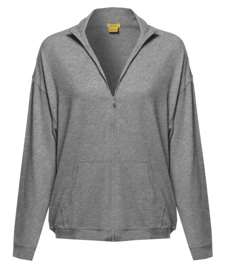 Women's Solid Zip-Up Drop Shoulder High Neck Sweatshirt Jacket