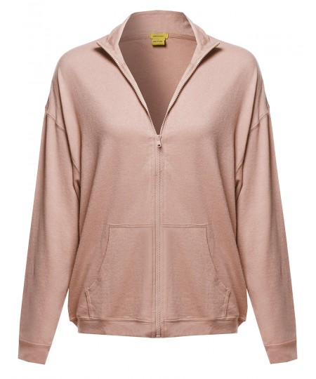 Women's Solid Zip-Up Drop Shoulder High Neck Sweatshirt Jacket