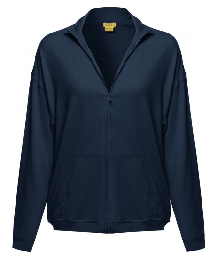 Women's Solid Zip-Up Drop Shoulder High Neck Sweatshirt Jacket