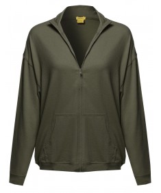 Women's Solid Zip-Up Drop Shoulder High Neck Sweatshirt Jacket
