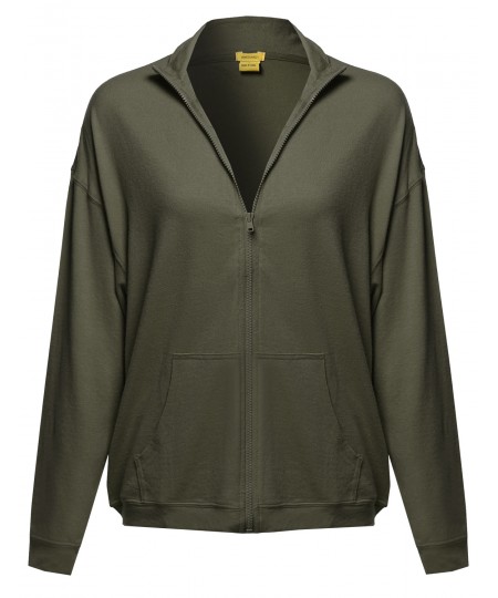 Women's Solid Zip-Up Drop Shoulder High Neck Sweatshirt Jacket