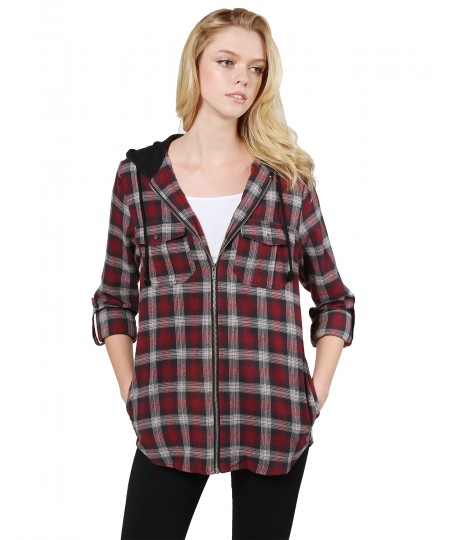 Women's Casual Zipper Closure Hooded Flannel Long Sleeve Shirts Jacket