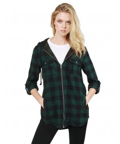 Women's Casual Zipper Closure Hooded Flannel Long Sleeve Shirts Jacket