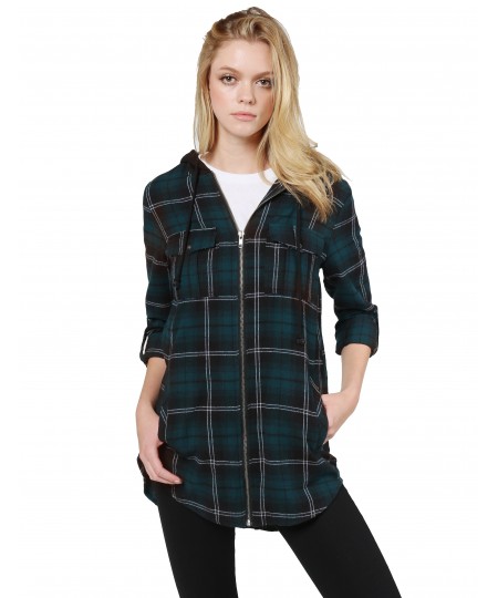 Women's Casual Zipper Closure Hooded Flannel Long Sleeve Shirts Jacket