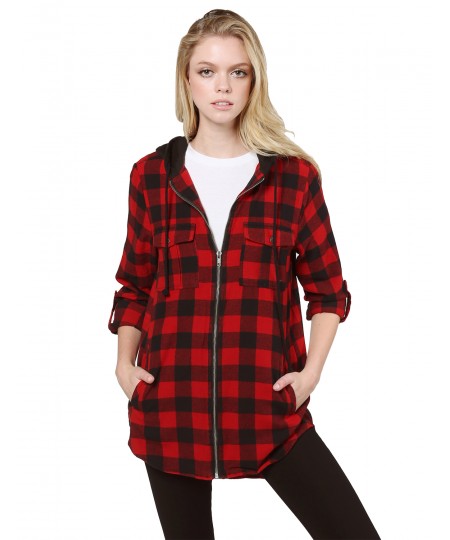 Women's Casual Zipper Closure Hooded Flannel Long Sleeve Shirts Jacket