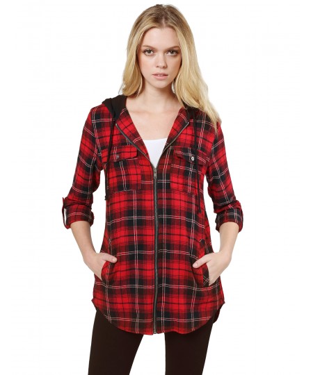 Women's Casual Zipper Closure Hooded Flannel Long Sleeve Shirts Jacket