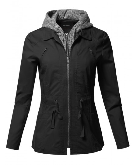 Women's Casual Detachable Hooded Military Jacket Parka Coat Outerwear