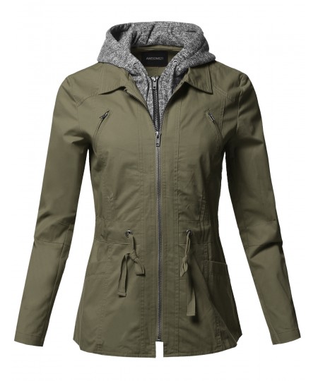 Women's Casual Detachable Hooded Military Jacket Parka Coat Outerwear