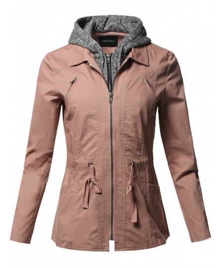 Women's Casual Detachable Hooded Military Jacket Parka Coat Outerwear