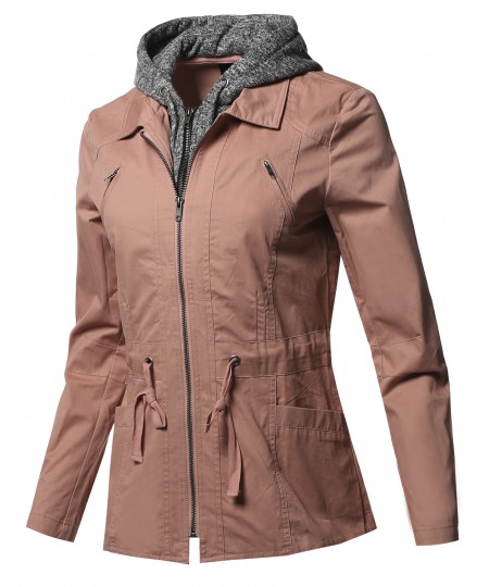 Women's Casual Detachable Hooded Military Jacket Parka Coat Outerwear