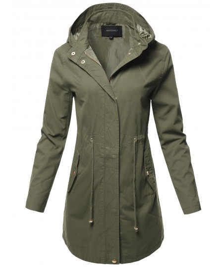 Women's Casual Hooded Drawstring Military Long Length Jacket