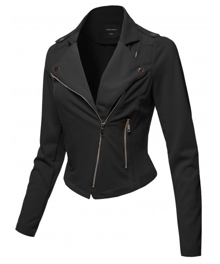 Women's Solid Asymmetrical Zipper Closure Long Sleeve Thin Biker Style Jacket