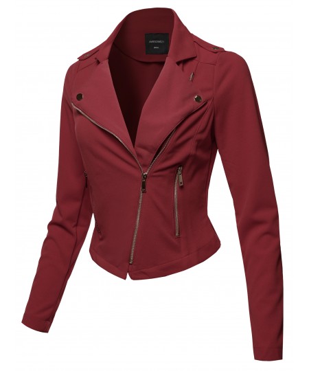 Women's Solid Asymmetrical Zipper Closure Long Sleeve Thin Biker Style Jacket