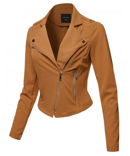 Women's Solid Asymmetrical Zipper Closure Long Sleeve Thin Biker Style Jacket
