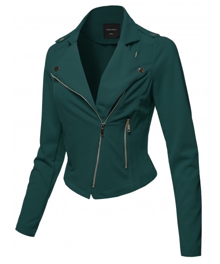 Women's Solid Asymmetrical Zipper Closure Long Sleeve Thin Biker Style Jacket
