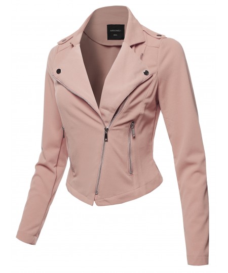 Women's Solid Asymmetrical Zipper Closure Long Sleeve Thin Biker Style Jacket