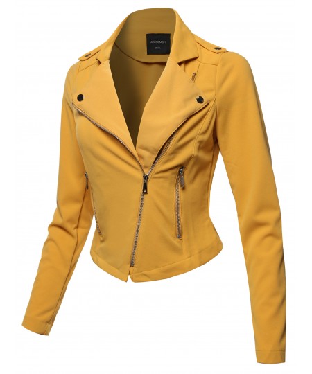 Women's Solid Asymmetrical Zipper Closure Long Sleeve Thin Biker Style Jacket