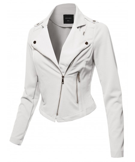 Women's Solid Asymmetrical Zipper Closure Long Sleeve Thin Biker Style Jacket