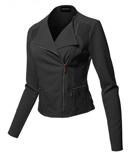 Women's Lace Detail Asymmetrical Zipper Closure Long Sleeve Thin Biker Style Jacket