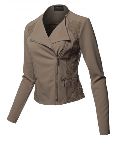 Women's Lace Detail Asymmetrical Zipper Closure Long Sleeve Thin Biker Style Jacket