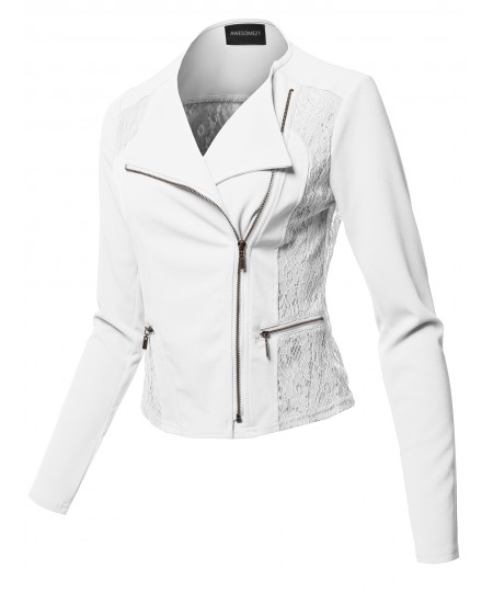 Women's Lace Detail Asymmetrical Zipper Closure Long Sleeve Thin Biker Style Jacket