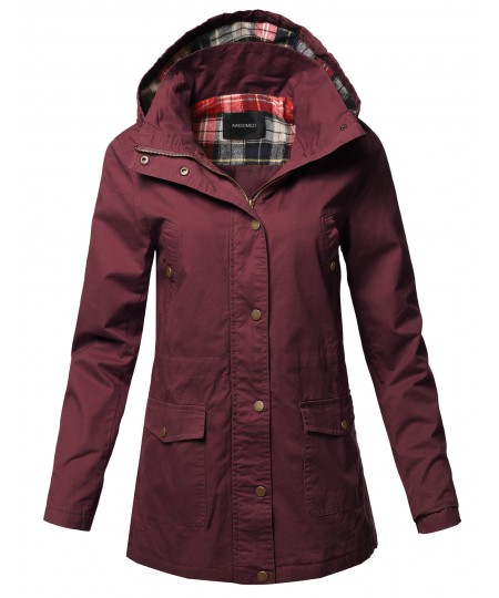 Women's Casual Long Sleeve Plaid Detail Hooded Anorak Jacket