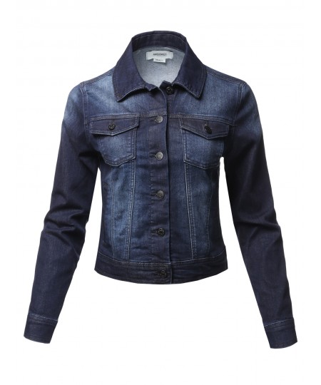 Women's Basic Long Sleeves Soft Shell Stretch Denim Washed Jacket