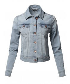 Women's Basic Long Sleeves Soft Shell Stretch Denim Washed Jacket