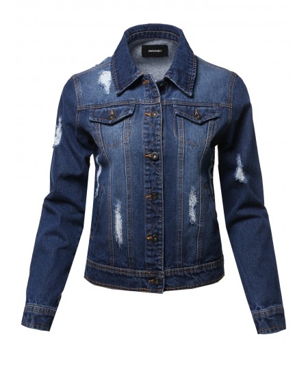 Women's Casual 100% Cotton Distressed Long Sleeves Denim Jacket