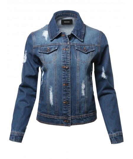 Women's Casual 100% Cotton Distressed Long Sleeves Denim Jacket