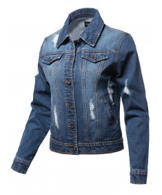 Women's Casual 100% Cotton Distressed Long Sleeves Denim Jacket