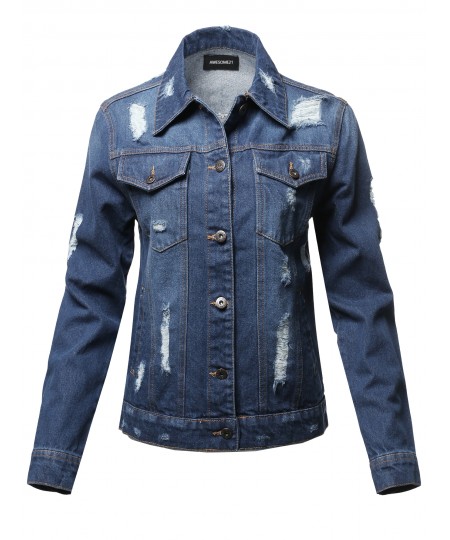 Women's Casual Distressed  Boyfriend Over-Sized Denim Jacket