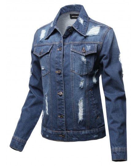 Women's Casual Distressed  Boyfriend Over-Sized Denim Jacket