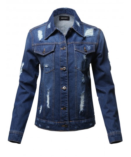 Women's Casual Distressed  Boyfriend Over-Sized Denim Jacket