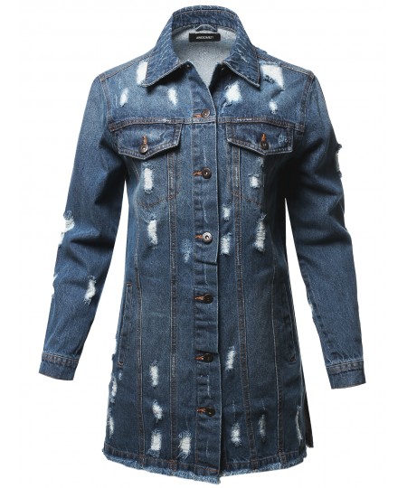 Women's Casual Distressed Long-Line Raw Hem Denim Jacket