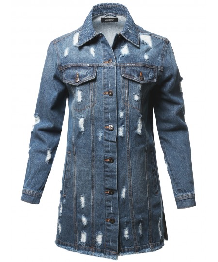 Women's Casual Distressed Long-Line Raw Hem Denim Jacket