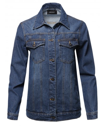 Women's Casual Washed Long Sleeves Boyfriend Fit Denim Jacket