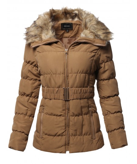 Women's Casual Zip Up Quilted Fur Trimmed Collar Padding Jacket