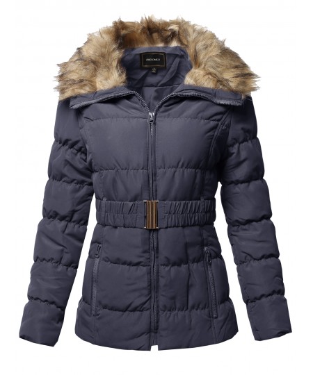 Women's Casual Zip Up Quilted Fur Trimmed Collar Padding Jacket