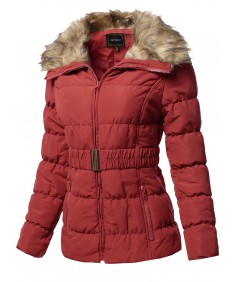 Women's Casual Zip Up Quilted Fur Trimmed Collar Padding Jacket