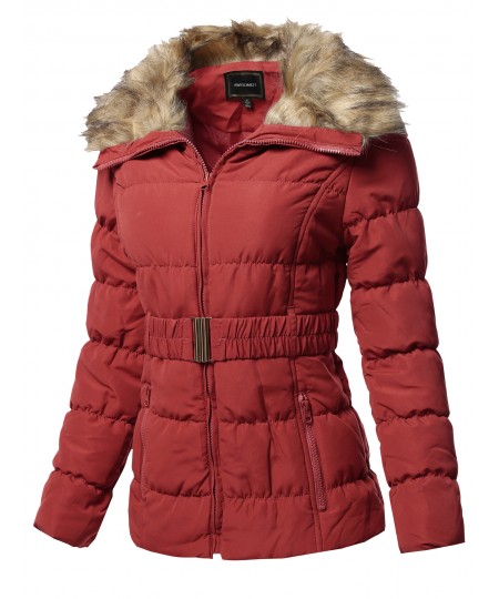 Women's Casual Zip Up Quilted Fur Trimmed Collar Padding Jacket