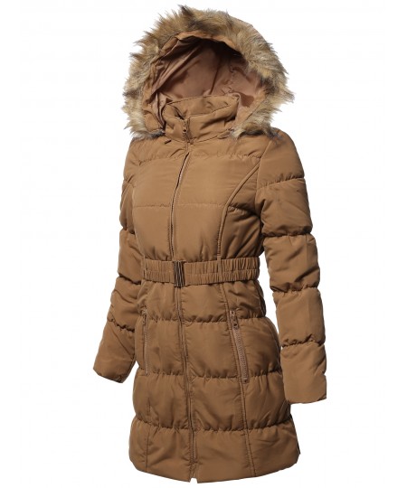 Women's Causal Zip Up Quilted Fur Hood Mid-length Padding Jacket